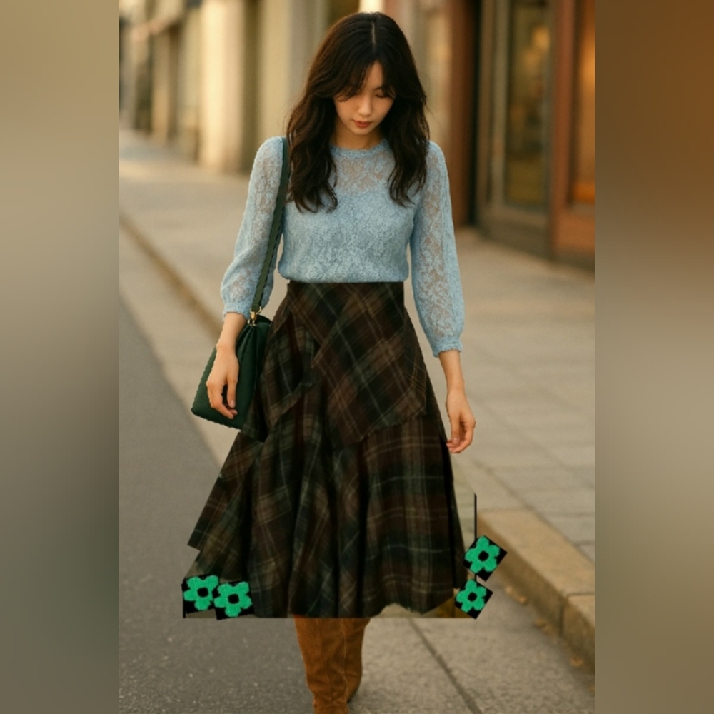 BASQUE🐞Tweed Brown Plaid Asymmetrical A-Line Flare Midi Skirt Sz: 12